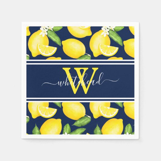 Serviette En Papier Citron Monogramme Citrus Motif Marine Bleu (Devant)