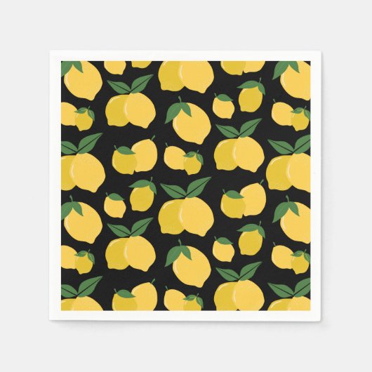 Serviette En Papier Citron Motif Fruit Rétro Jaune sur Noir (Devant)