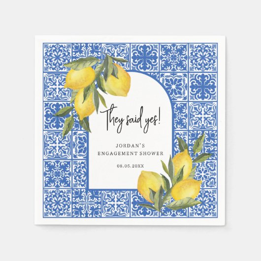 Serviette En Papier Citrons & Carreaux Méditerranéens Ils Ont Dit Oui  (Devant)
