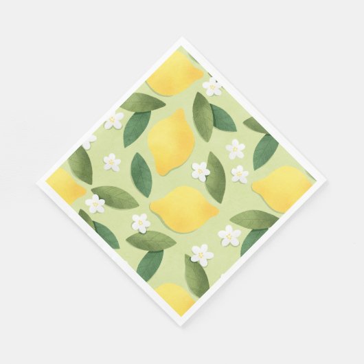 Serviette En Papier Citrons et fleurs blanches sur Arrière - plan vert (Coin)