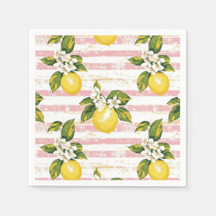 Serviette En Papier Citrons et fleurs vintages sur bandes rose et blan