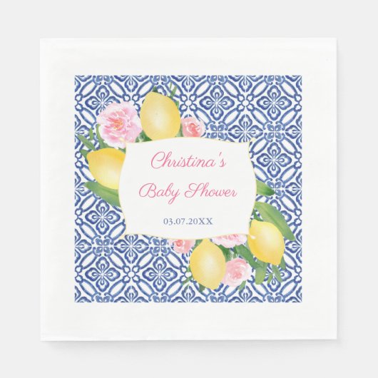 Serviette En Papier Citrons Fleurs Roses Carreaux Bleus Baby shower Pa (Devant)