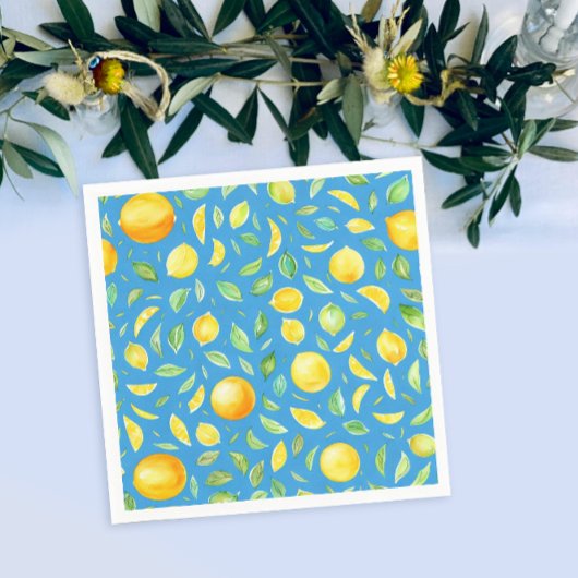 Serviette En Papier Citrons jaunes mignons motif aquarelle turquoise