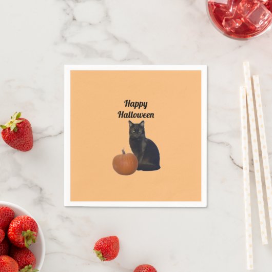 Serviette En Papier Citrouille avec Chat Noir Joyeux Halloween Orange (En situation)