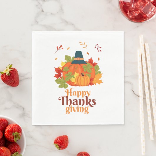 Serviette En Papier Citrouille bon thanksgiving avec Casquette et Feui (En situation)