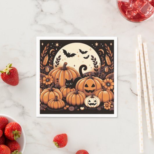 Serviette En Papier Citrouille, Chats noirs, Chats et Pleines lunes (En situation)
