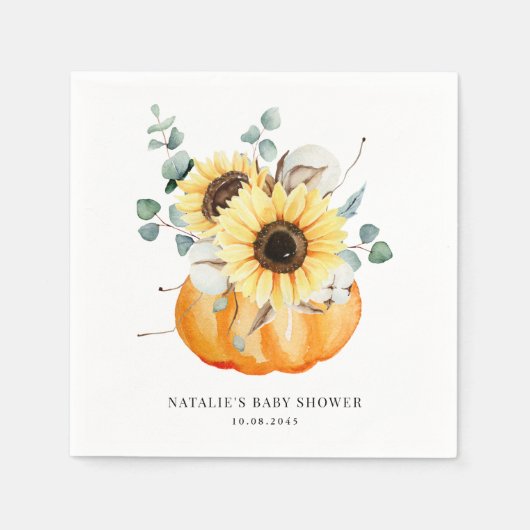 Serviette En Papier Citrouille d'aquarelle et tournesols Baby shower d (Devant)