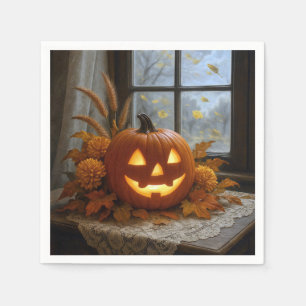 Serviette En Papier Citrouille d'Halloween dans les fleurs d'automne