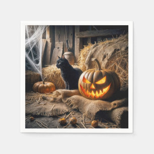 Serviette En Papier Citrouille et chat d'Halloween dans une grange