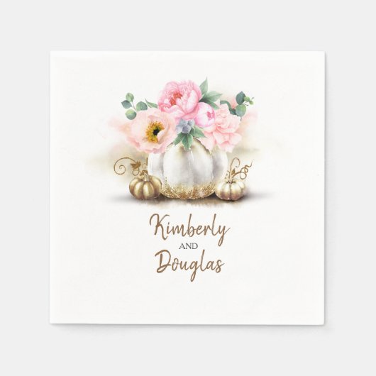 Serviette En Papier Citrouille or et fleurs roses Chute rustique (Devant)