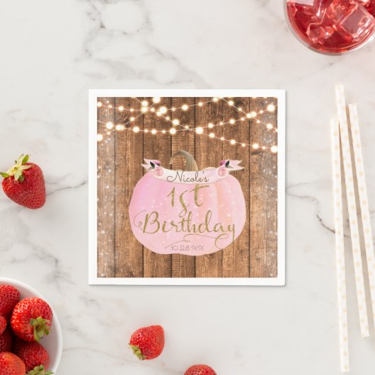 Serviette En Papier Citrouille rose Automne Bois rustique Lumières 1er (En situation)