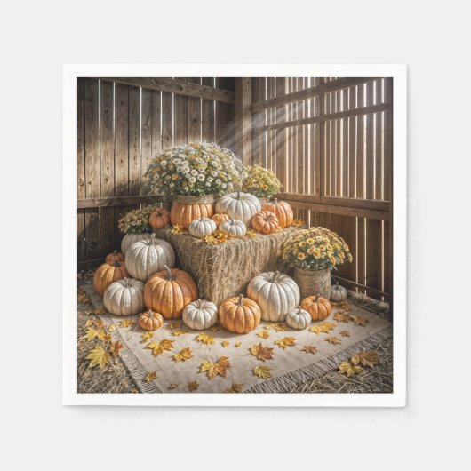 Serviette En Papier Citrouilles D'Automne Sur Un Hay Bale (Devant)