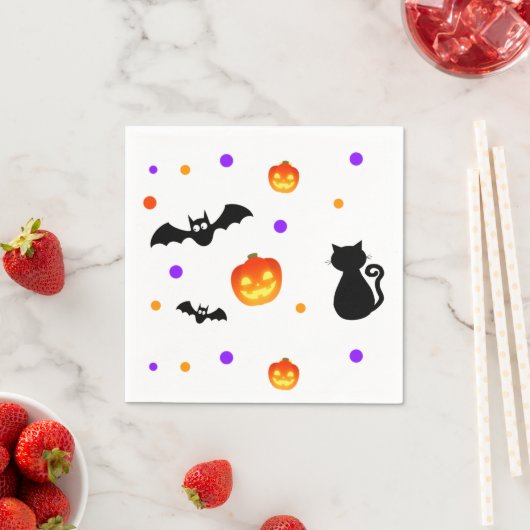 Serviette En Papier Citrouilles d'Halloween, chauves-souris et chat en (En situation)
