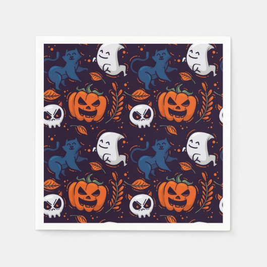 Serviette En Papier Citrouilles fantômes, crânes et chats d'Halloween (Devant)