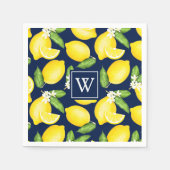 Serviette En Papier Citrus Lemon Botanical Navy Monogramme bleu (Devant)
