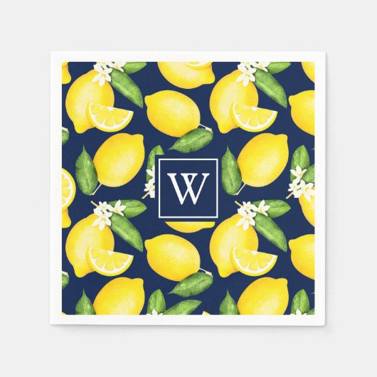 Serviette En Papier Citrus Lemon Botanical Navy Monogramme bleu (Devant)