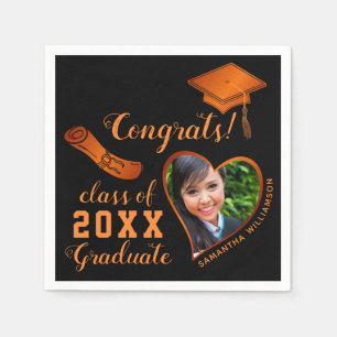 Serviette En Papier Classe 2023 Grad Photo Black and Orange Graduation