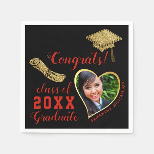 Serviette En Papier Classe 2025 Grad Photo Black Red Gold Graduation (Devant)