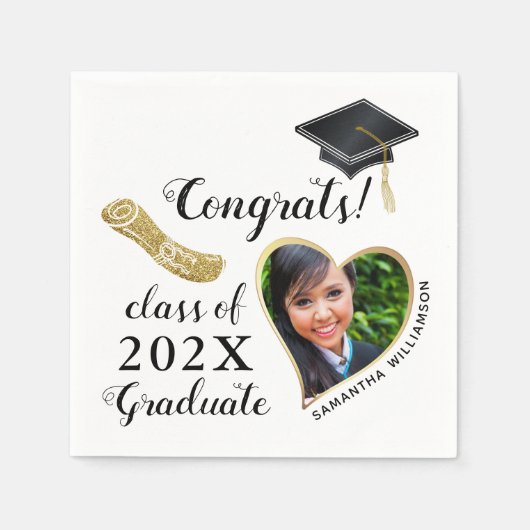 Serviette En Papier Classe 2025 Grad Photo White Black Gold Graduation (Devant)