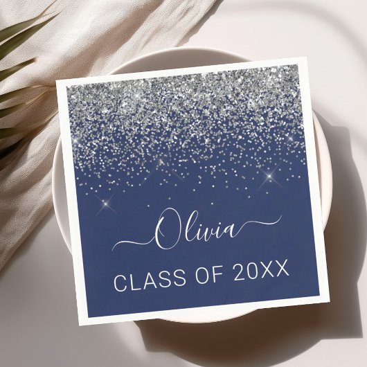 Serviette En Papier Classe de 2024 Silver Navy Blue Parties scintillan