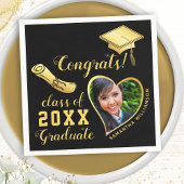 Serviette En Papier Classe de 2025 Grad Photo Black and Gold Graduatio