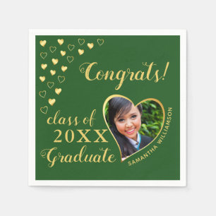 Serviette En Papier Classe de 2025 Graduate Photo Green & Gold Elegant