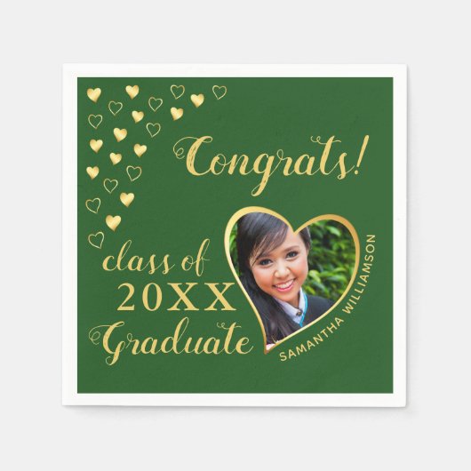 Serviette En Papier Classe de 2025 Graduate Photo Green & Gold Elegant (Devant)