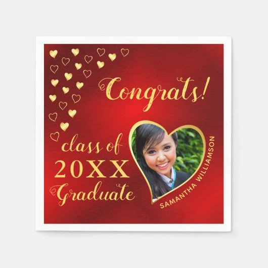 Serviette En Papier Classe de 2025 Graduate Photo Red & Gold Elegant (Devant)