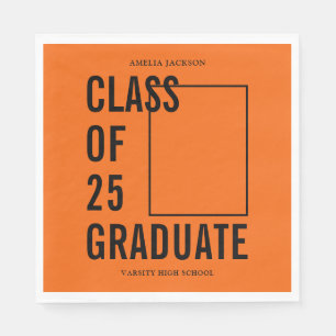 Serviette En Papier Classe De 25 Diplômés Orange & Photo Noire