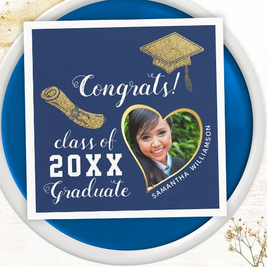 Serviette En Papier Classe d'or Bleu Blanc 2025 Grad Photo Grad
