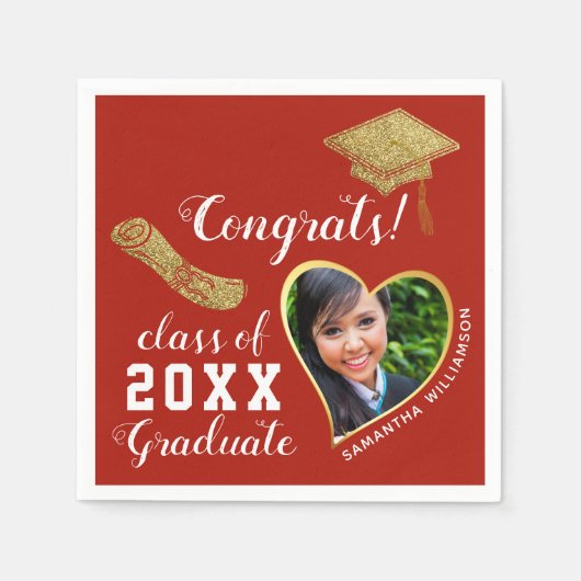 Serviette En Papier Classe d'or Rouge Blanc 2025 Grad Photo Grad (Devant)
