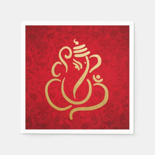 Serviette En Papier Classé Faux Gold Foil Ganesha Indian Red Damask (Devant)