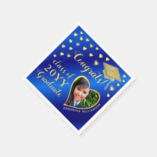 Serviette En Papier Classe photo Elegant Blue and Gold 2025 Graduation (Coin)