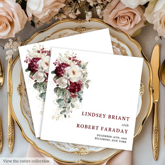 Serviette En Papier Classic Boho Burgundy Gold Roses Wedding Napkins