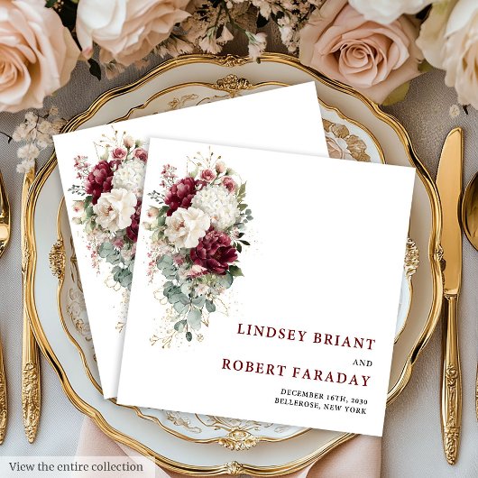 Serviette En Papier Classic Boho Maroon Blush Gold Roses Wedding Paper