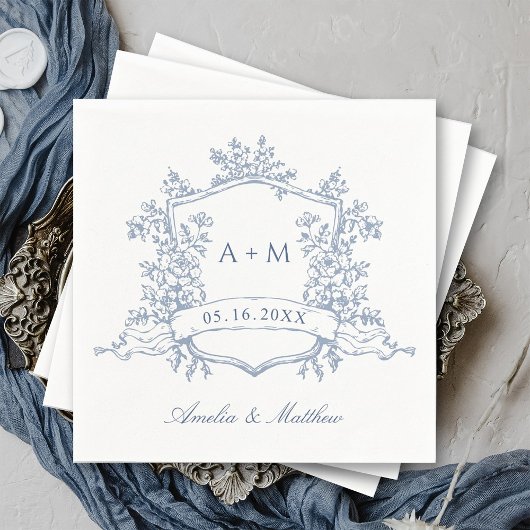 Serviette En Papier Classic Dusty Blue Floral Crest Monograms Wedding