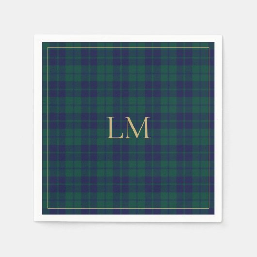 Serviette En Papier Classic Green Navy Tartan Plaid Gold Monogram (Devant)