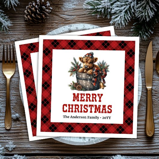 Serviette En Papier Classic highland cow red black tartan napkins