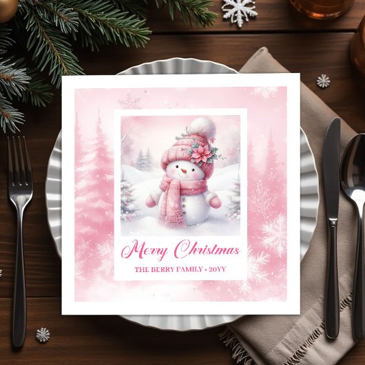 Serviette En Papier Classic Pink Snowman Christmas Scene Napkins Kids
