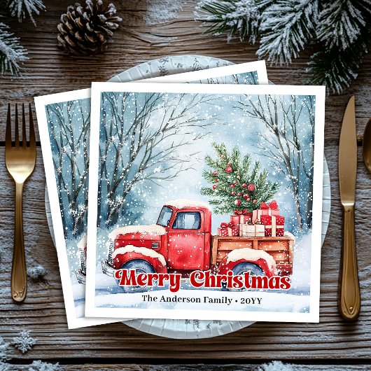 Serviette En Papier Classic red truck Christmas scene rustic napkins 