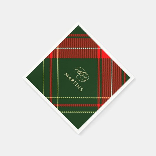 Serviette En Papier Classic Rouge et Vert Plaid Nom personnalisé Vacan (Coin)