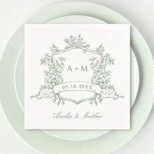 Serviette En Papier Classic Sage Green Crest Floral Monogrammes Mariag