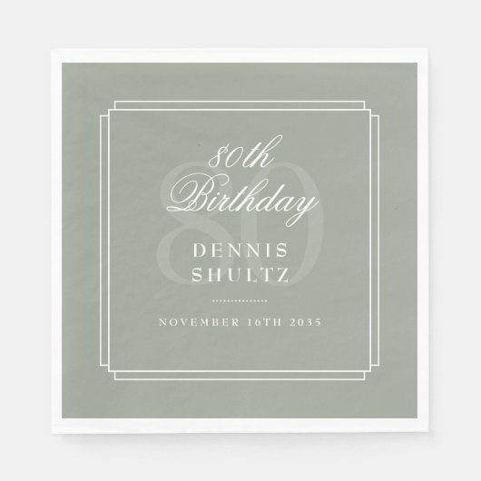 Serviette En Papier Classique Deco | 80e anniversaire vert sauge et bl (Devant)