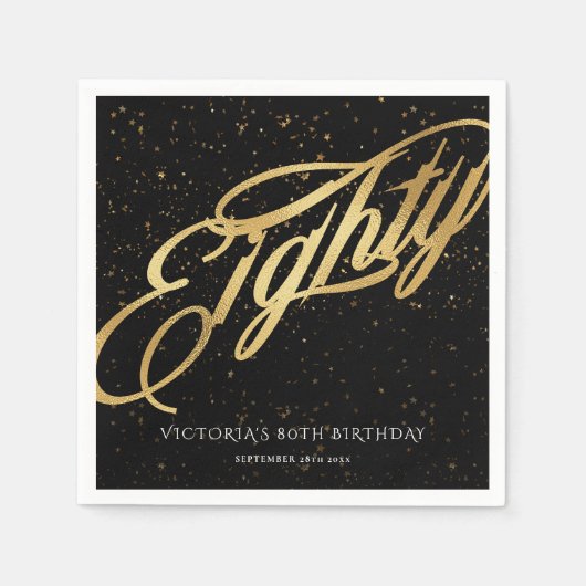 Serviette En Papier Classy 80th Gold Noir Confetti Calligraphie (Devant)