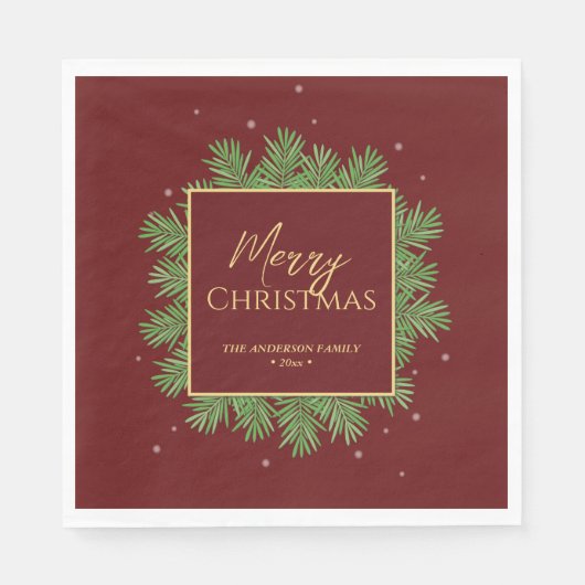 Serviette En Papier Classy Elegant Bourgogne & Or Noël Botanique (Devant)