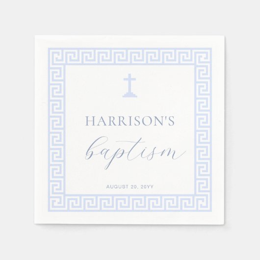 Serviette En Papier Clé grecque Baptême Bleu Blanc (Devant)