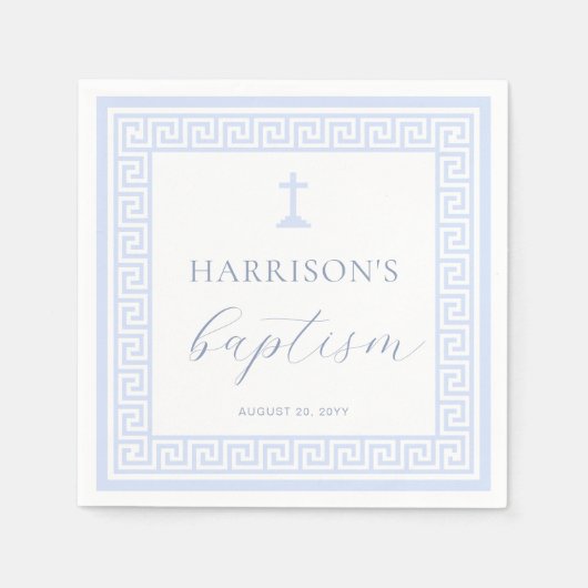 Serviette En Papier Clé grecque Baptême Bleu Blanc (Devant)