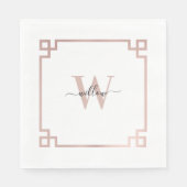 Serviette En Papier Clé grecque blanche et Rose rose or Monogramme (Devant)