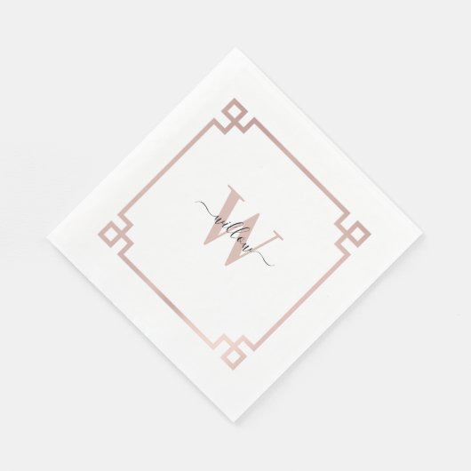 Serviette En Papier Clé grecque blanche et Rose rose or Monogramme (Coin)