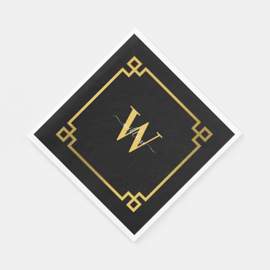 Serviette En Papier Clé grecque noire et or Monogramme (Coin)